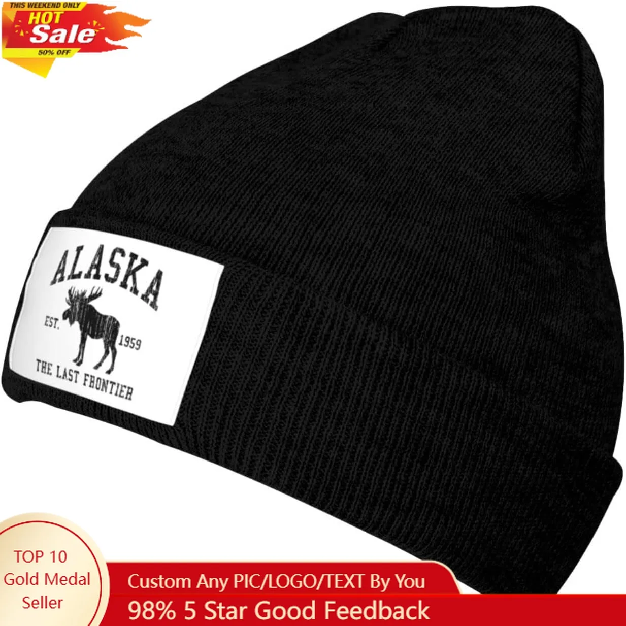 Alaska The Last Frontier Black Beanie Hat for Men Women Winter Warm Hats Knit Slouchy Stocking Hats Skull Cap