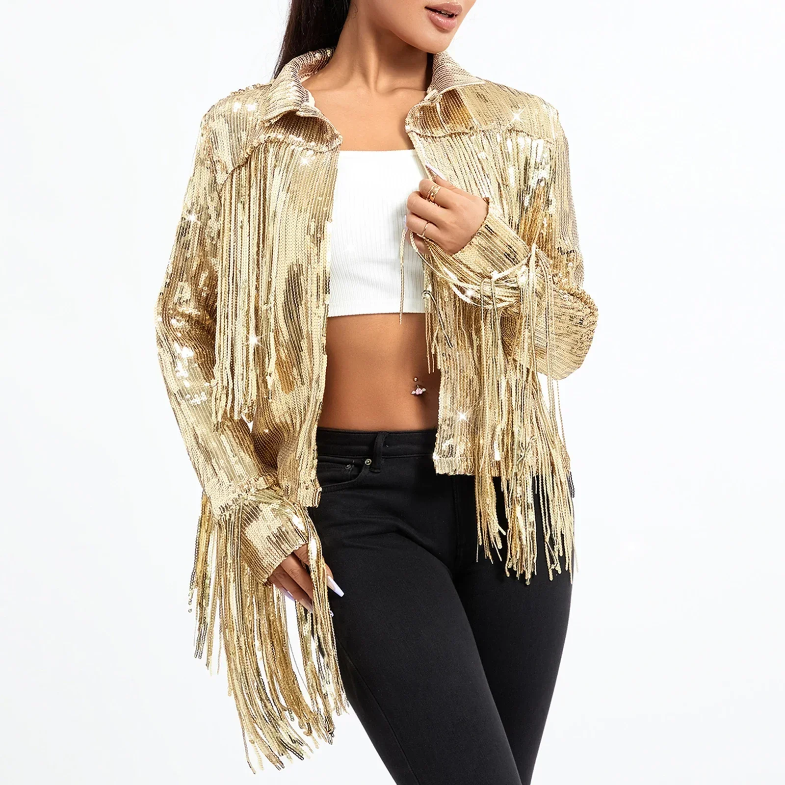 Sequin Fringe Open Blazer Jacket for Women Shiny Glitter Tassels Party Night Out Clubs Coat
