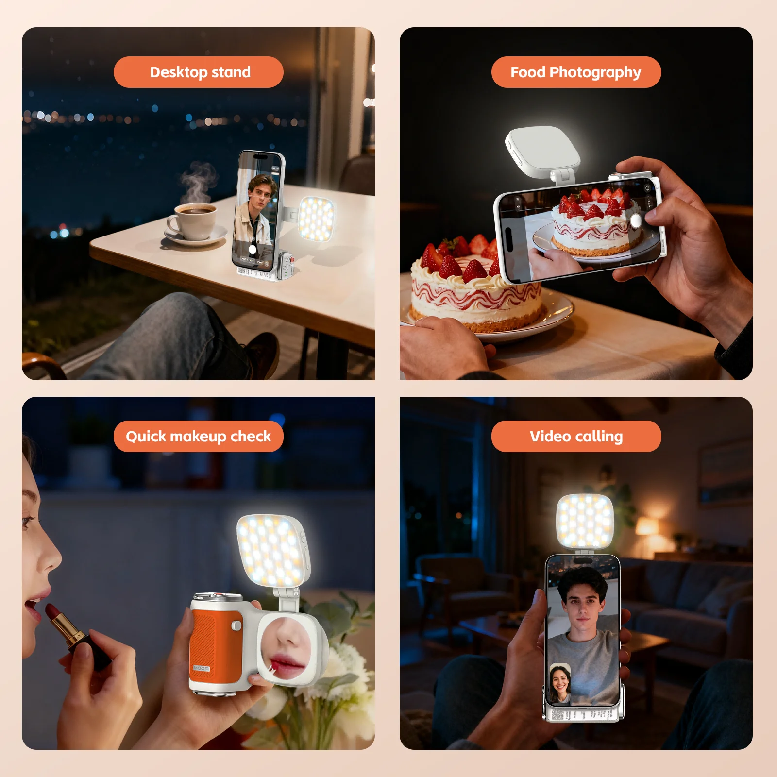 مساعد كاميرا iPhone COMITOK MOCA، قبضة مصراع قابلة للطي بعدسة نقرة واحدة/جهاز تحكم عن بعد للشحن قابل للفصل + ضوء ملء اختياري/مرآة