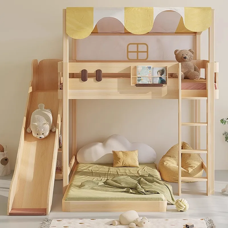 Flying house bed Solid wood children's tree house up and down Floor House with guardrail Montessori roof