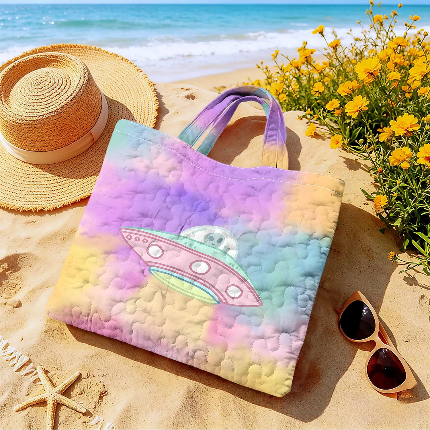 Pastel UFO Alien Women canvas shoulder bag Dual-Side Printed Tote Bag shopping bag Fashionable and fun gift handbag