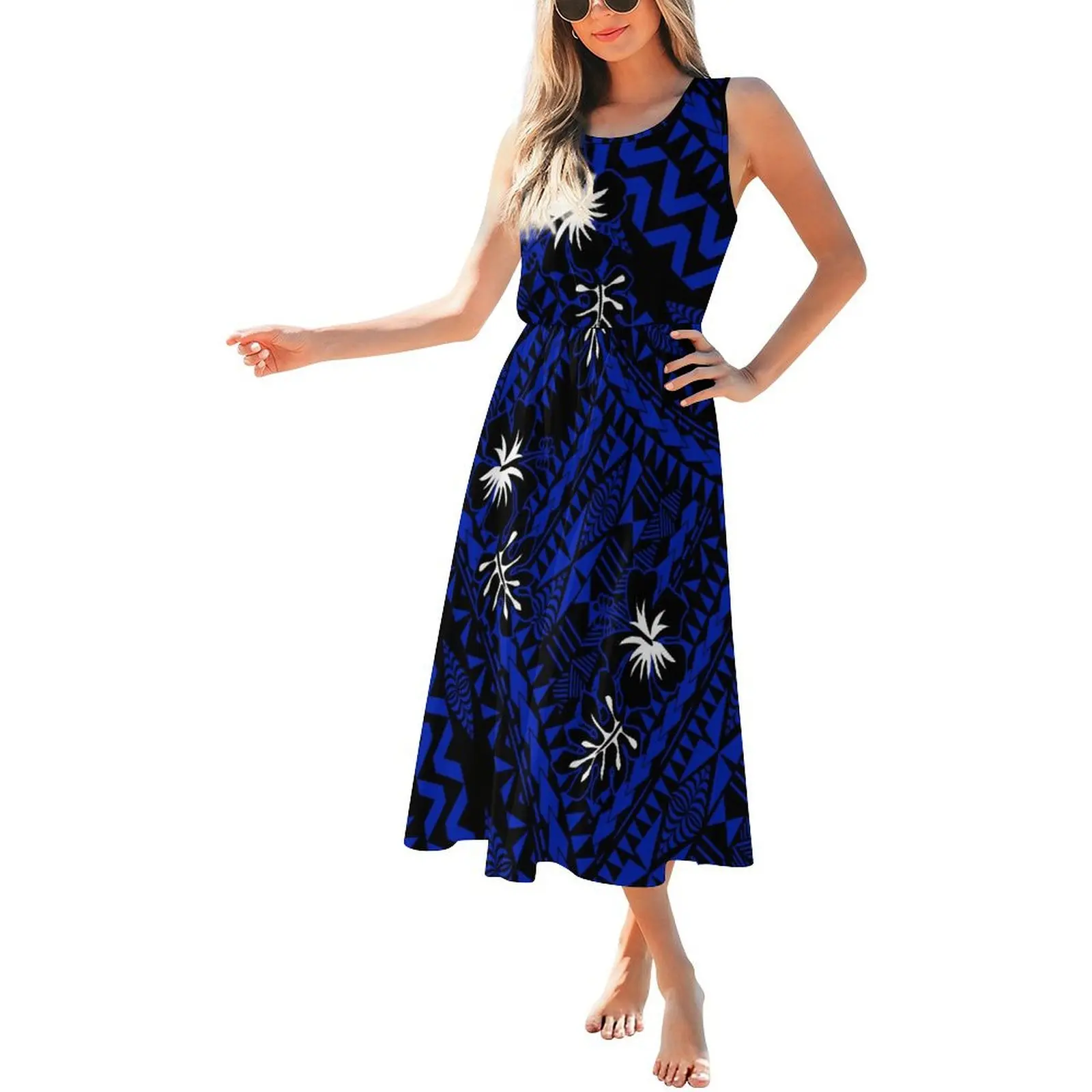 سعر المصنع فستان مخصص للسيدات Pacific Isalnd Art Design أزياء جولة الرقبة بلا أكمام فستان تصميم جزيرة عيد الفصح #3