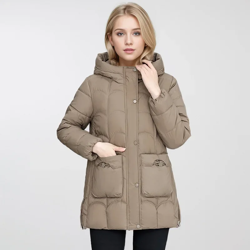 2024 Winter Women\'s Down Cotton Warm Coats New Stylish Midi Length Hooded Lightweight Padded Parkas Pockets Loose Jacket Female