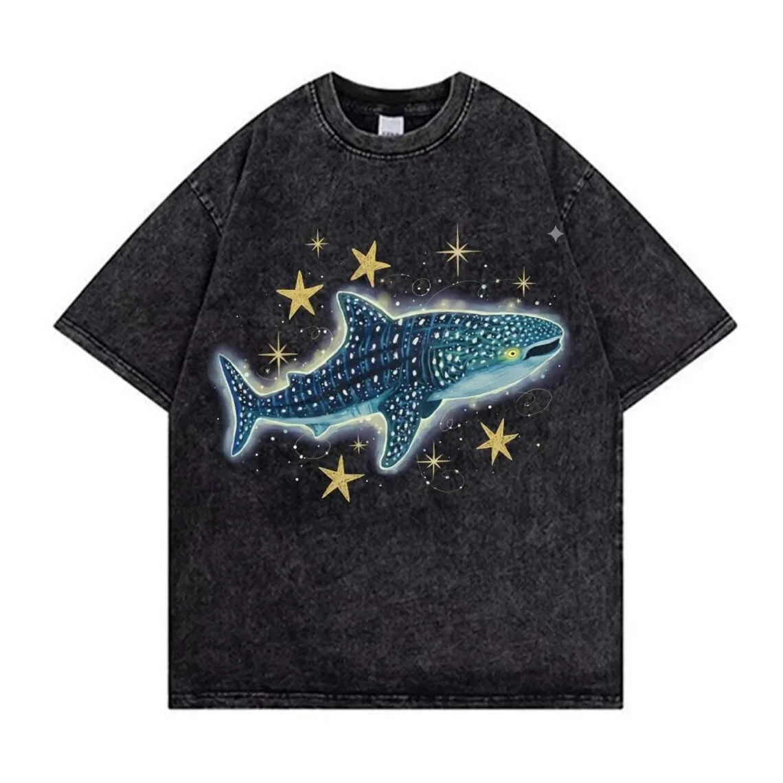 Acid Wash Oversized T-Shirt Glow Style Jellyfish Graphic Tee Streetwear Retro Grunge Style Loose Gray Short Sleeve T-shirt Men
