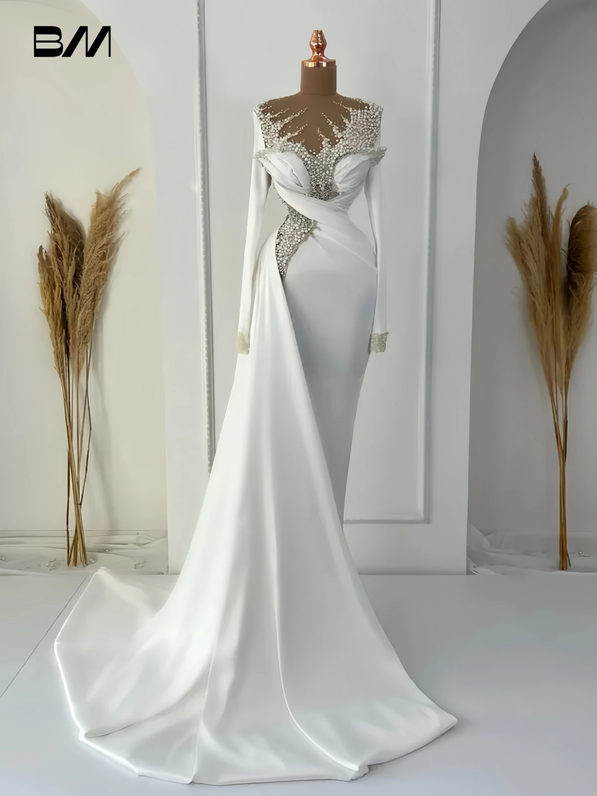 Elegant Satin Wedding Dress for Women, Luxury Pearls Sheath Long Bride Dresses, Full Sleeves Customized Bridal Gown