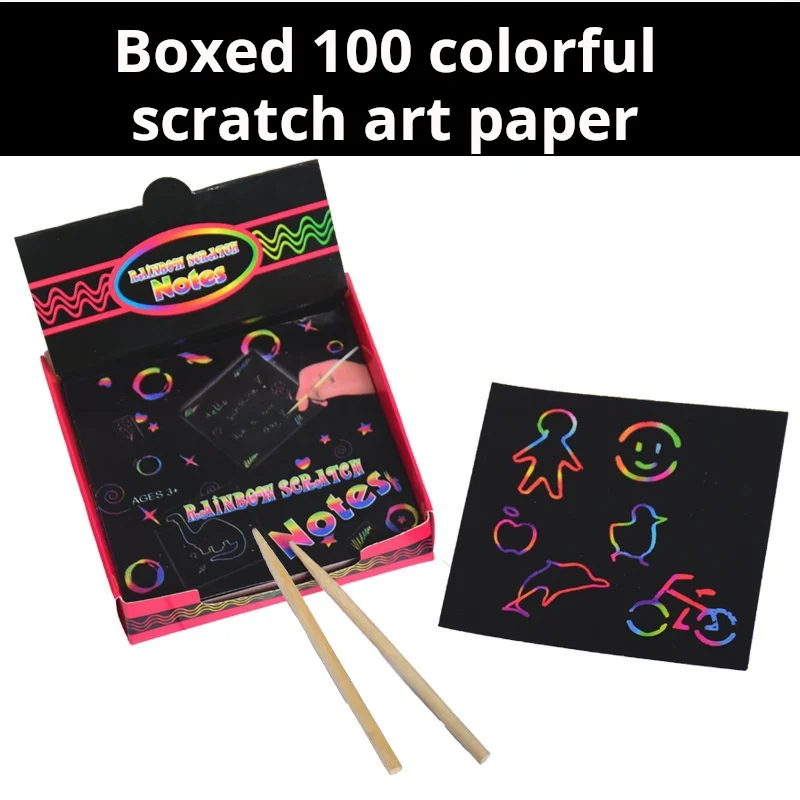 100 Uds Arco Iris Scratch Mini notas tarjetas de papel con plantilla de dibujo niños DIY dibujo pintura juguetes educativos regalos