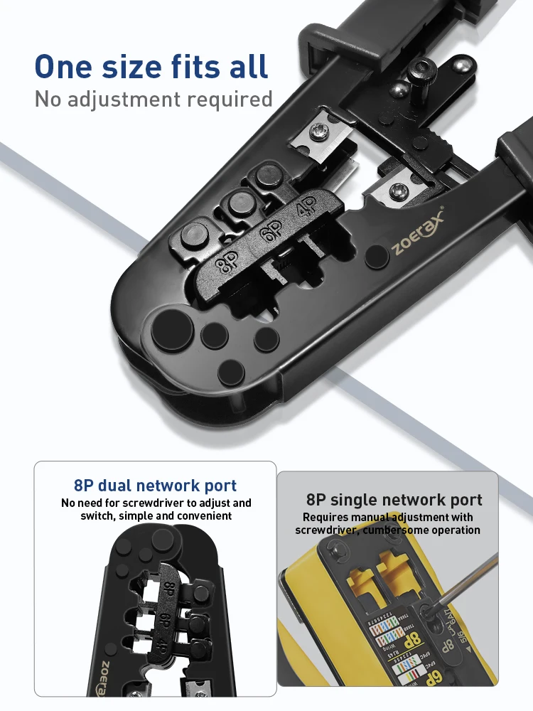ZoeRax RJ45 RJ12 RJ11 Netzwerk-Crimpwerkzeug 8P6P4P Tester mit Abisolier-, Schneid-, Crimp- und Testfunktionen (Batterie nicht enthalten) – Detail 6