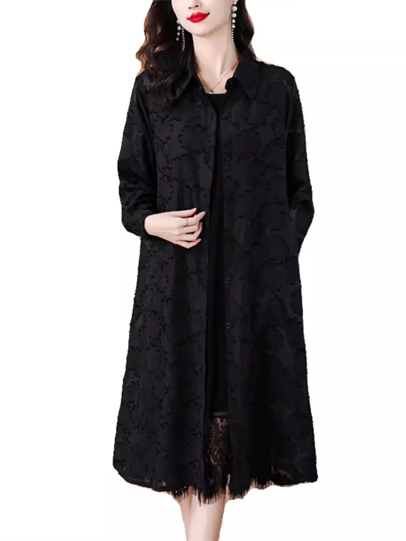 Ice Silk Jacquard Sunscreen Coat For Women\'s Spring 2024 New Large Size Loose Casual Mom\'s Windbreaker Long Top Thin Style K317