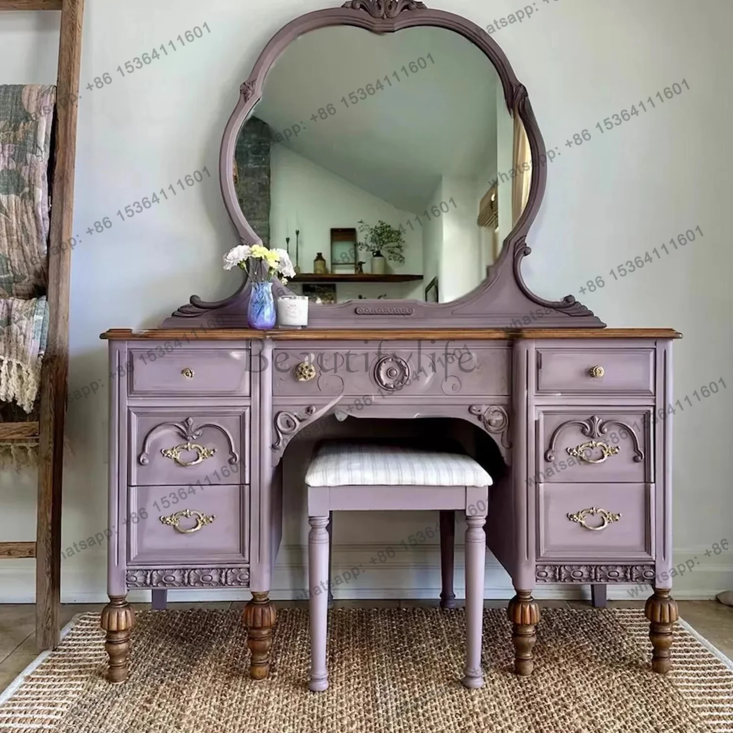 YJ French Retro Solid Wood Dresser Home Bedroom Carved Makeup Table American High-end Multi-functional Table
