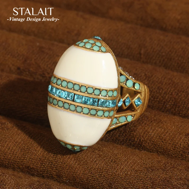 

Vintage White Enamel Opal Ring Real For Woman Sea Blue Square Crystal Drop Oil Summer Jewelry Oval Valentine Day Accessories