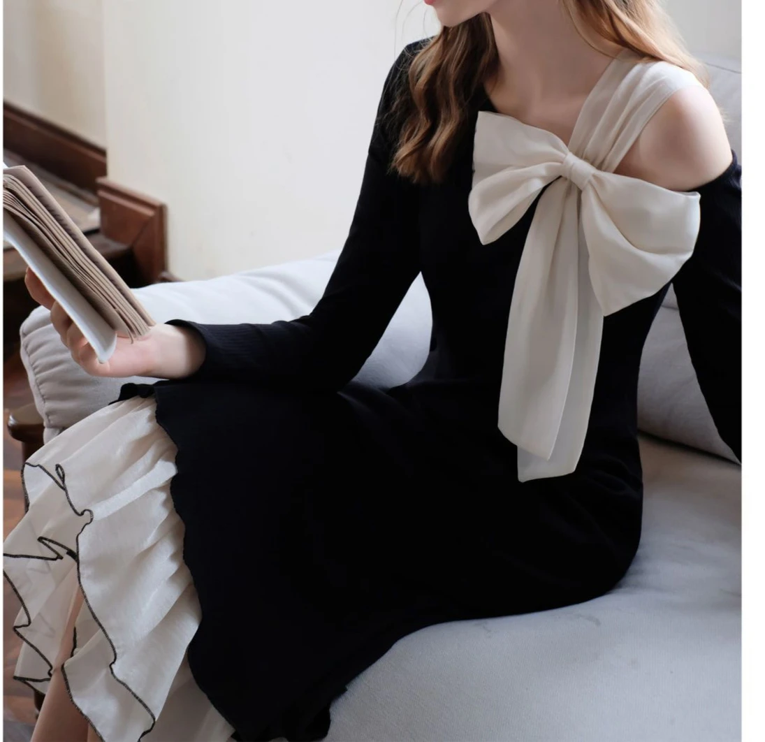 French Design, Spring and Autumn Bow Tie Waist, Slimming Fishtail Knitted Dress for Women, New Temperament Black Dress