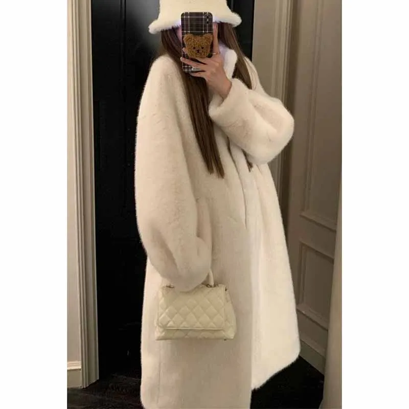 Ladies Fashion Stand Collar Mink Plush Outwear Women Leisure Long Sleeves Thicken Fur Coat Winter Female Long Faux Fur Jacket