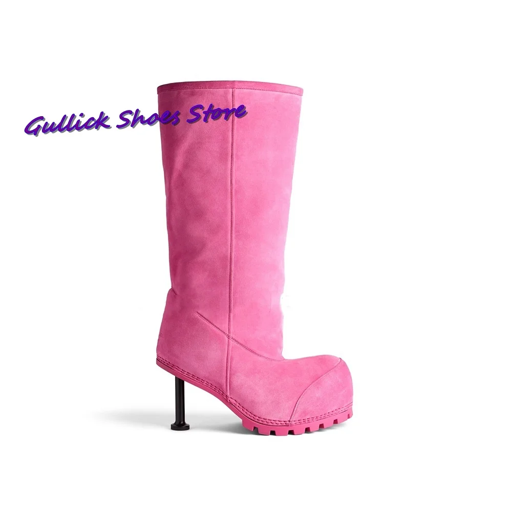 Woman Pink Snow Boots Big Round Toe High Heel All-Match Knee-High Slip On Long Boots Solid Color Warm Shoes 2024 New arrival