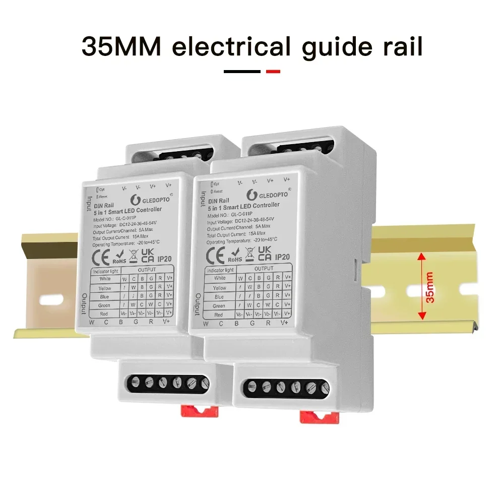 Gledopto Zigbee 3.0 DC12-54V Din Rail 5 في 1 وحدة تحكم شريط LED تعمل مع شريط إضاءة RGBCCT/RGBW/RGB/CCT/خافت