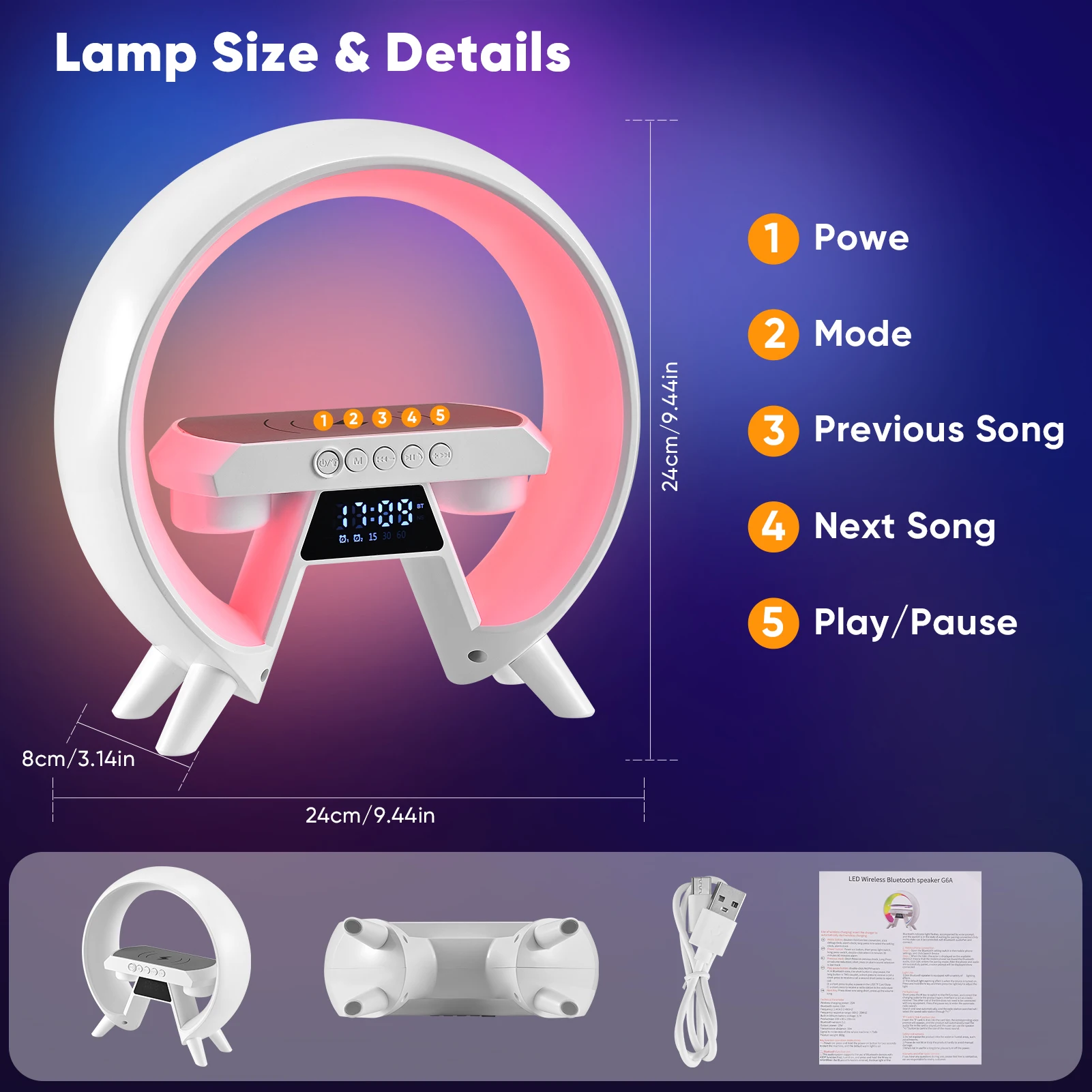 Multi Functional Night Light Lamp with Wireless Charger 5-in-1 Wireless Charging Table Lamp, LED Bedside Lamp, Music Alarm Clock