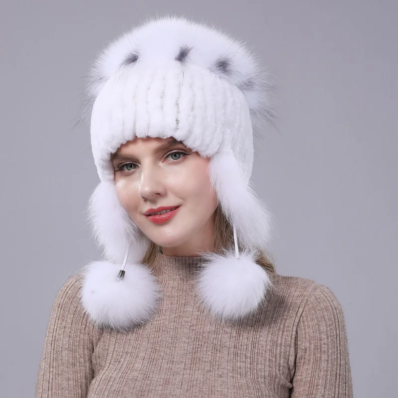 Fur Hat Winter Cap Woman Rex Rabbit Fur Women Hat Winter Plush Hat Cold-Proof Hat Fashion Fox Fur Hat Fluffy Furry Bomber Hat