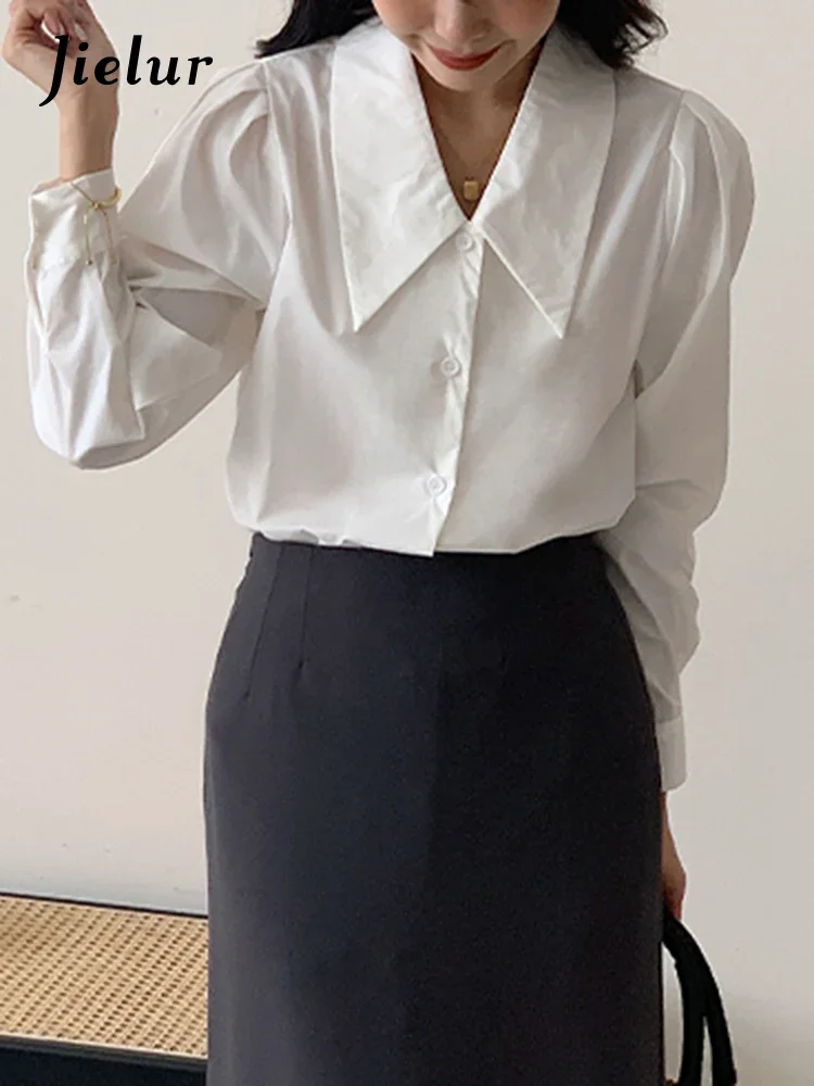

Jielur White Straight Single Breasted Shirts Solid Color Korean Style Fashion Simple Elegant Female Streetwear Basic Office Lady
