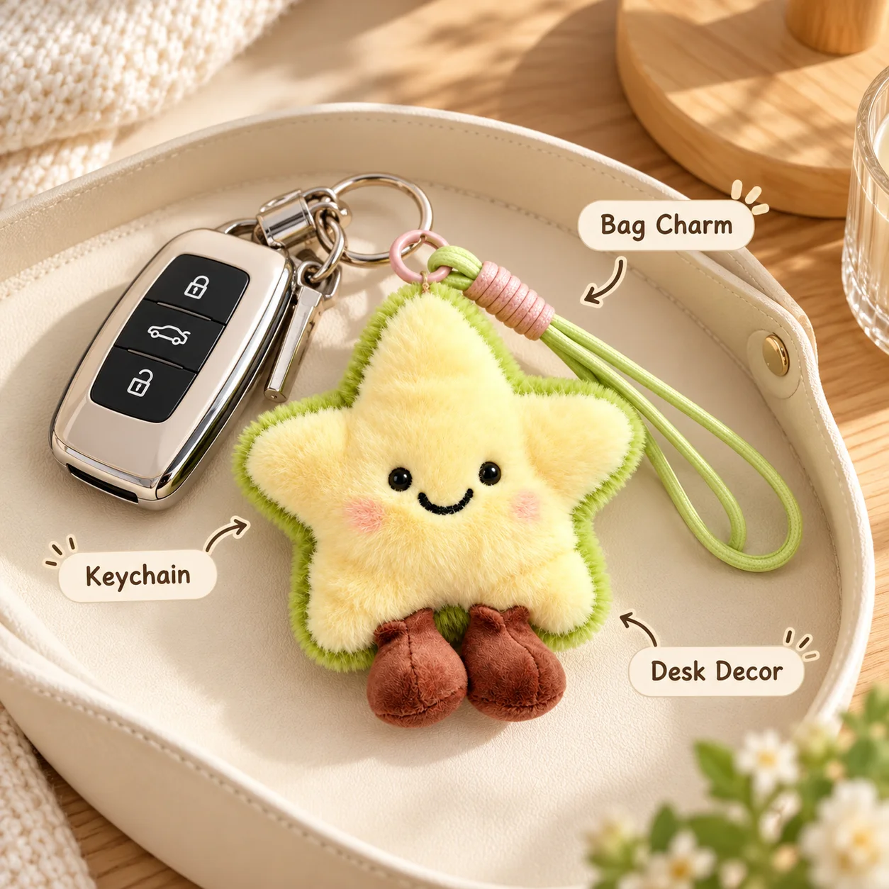Kawaii Plush Star Keychain Cute Smiley Stuffed Bag Charm Soft Pendant with Wrist Strap for Backpack Purse Gift