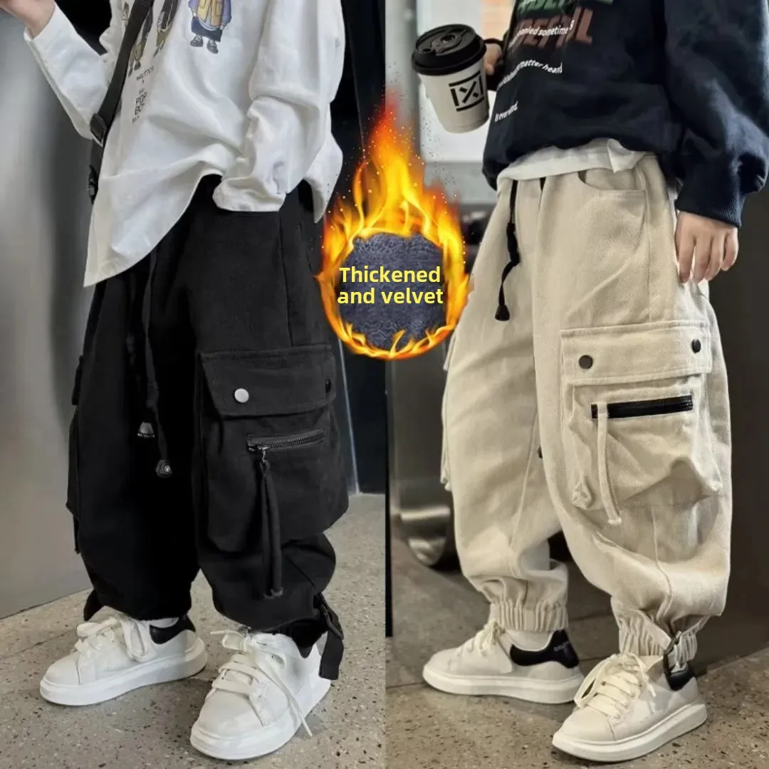 

Boys Padded Pants Kids Fleece-Lined Trousers Winter Warm Workwear Pants Children Casual Hip Hop Style Pants Autumn Bottoms