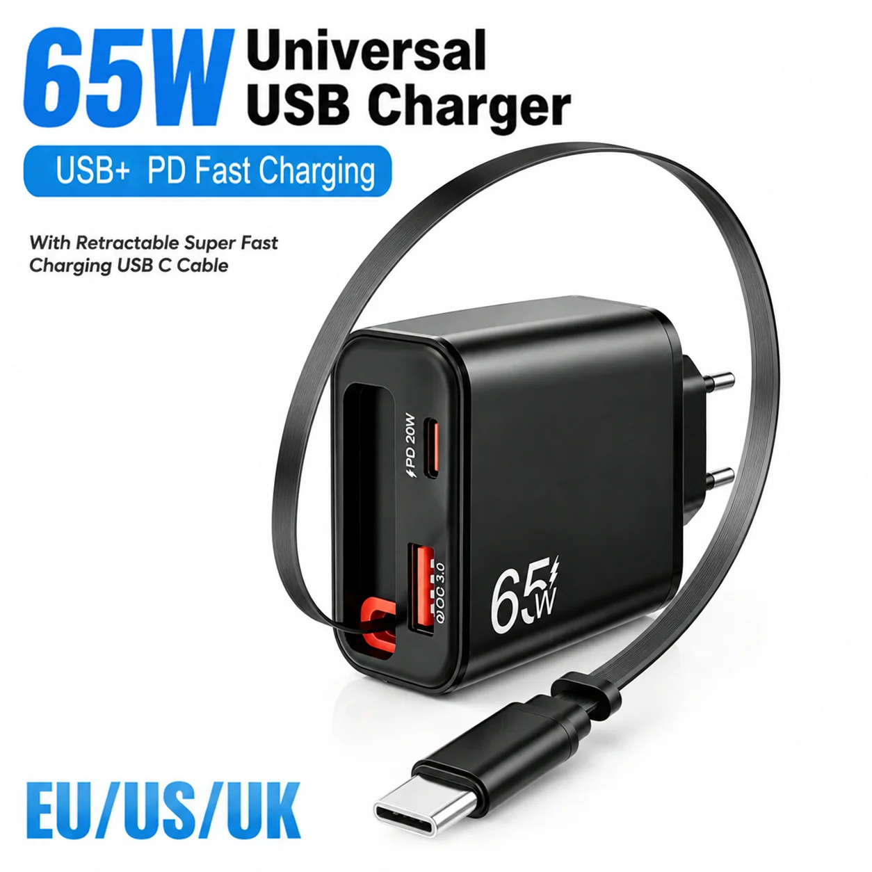 65W Type C USB Phone Charger Super Fast Charge With Retractable USB C Cable For iPhone 17 16 Samsung POCO Xiaomi EU/US/UK Plug