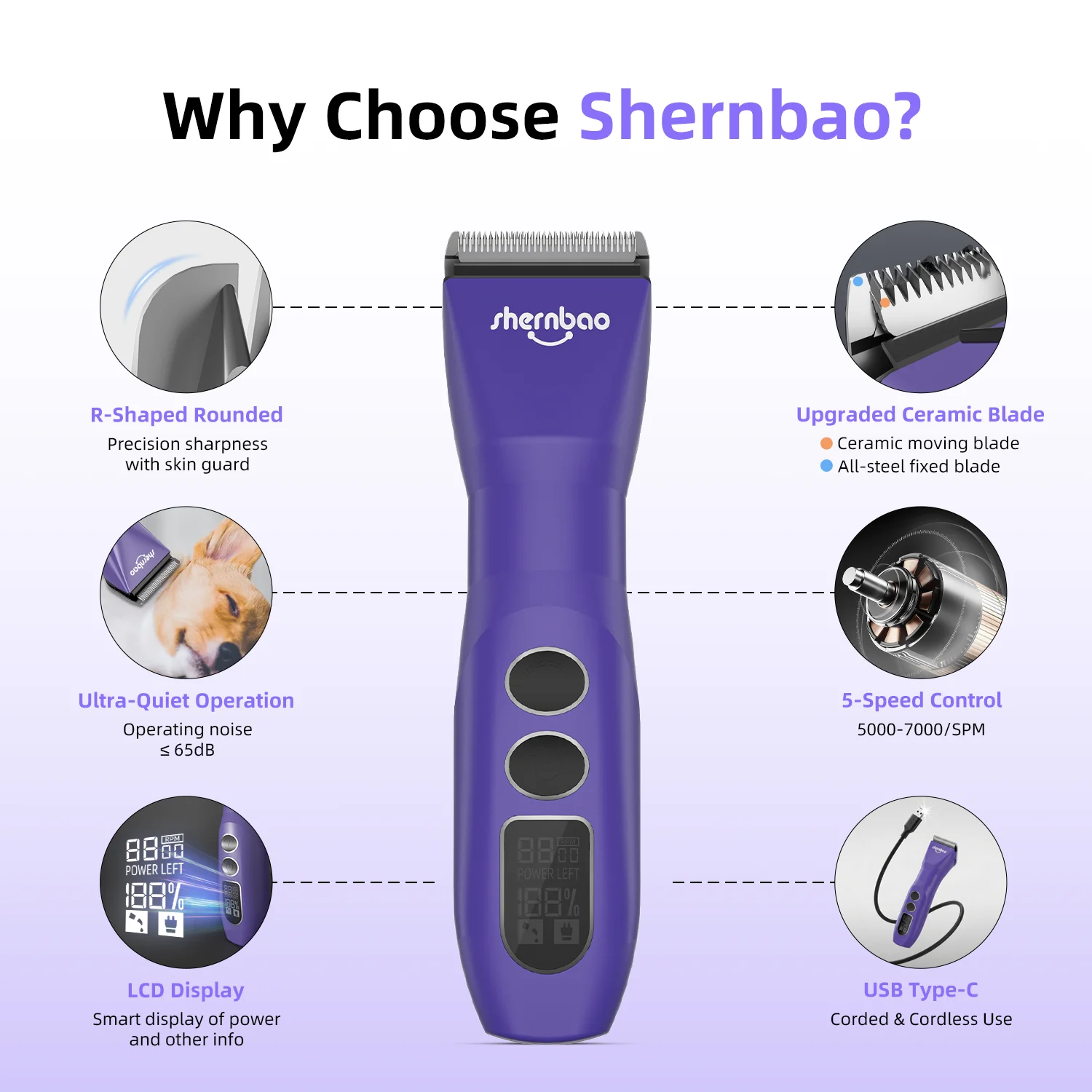 Shernbao PGC-680 5 em 1 Cortador de Pelos para Cães, Máquina de Tosa Sem Fio para Animais de Estimação