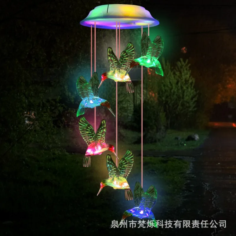 Solar Powered Outdoor Waterproof and Color Changing Hummingbird Wind Chimes for Garden Decoration Gifts