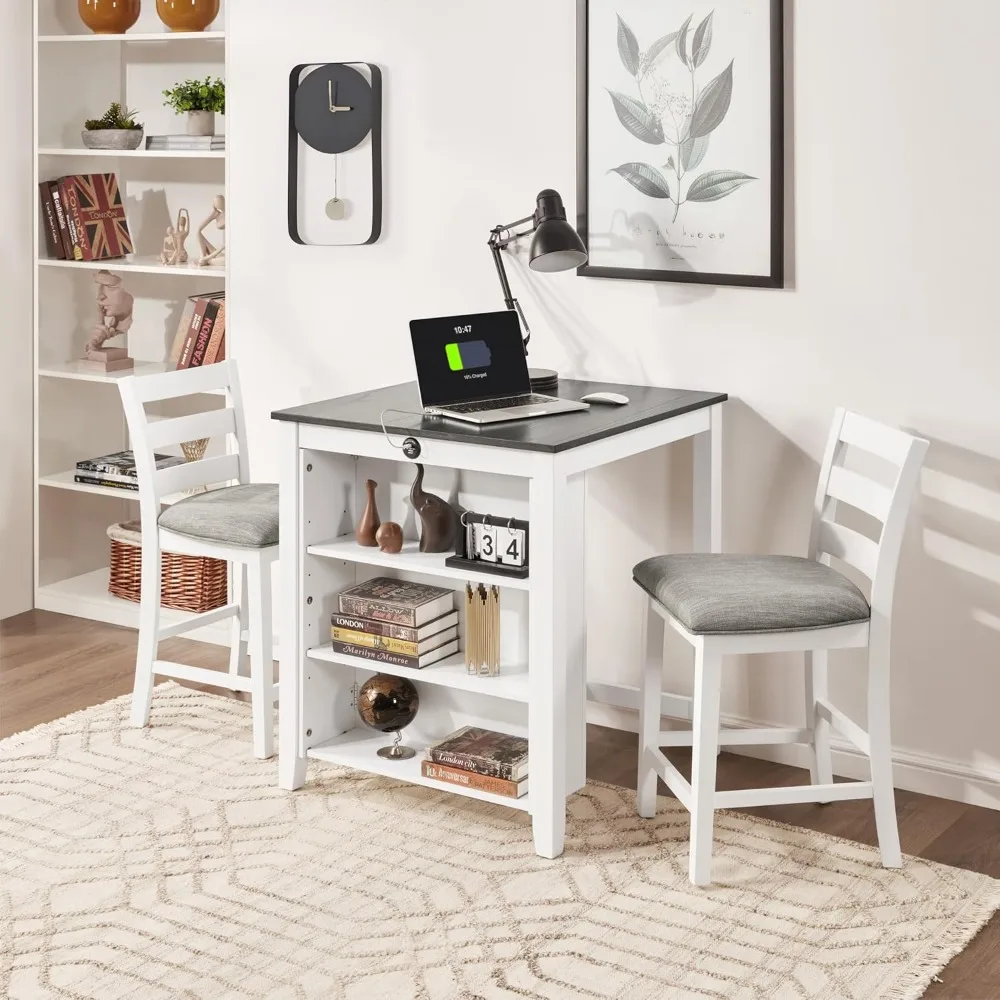 Set tavolo da bar e sedie compatto per 2 persone con stazione di archiviazione e ricarica per cucina e sala da pranzo