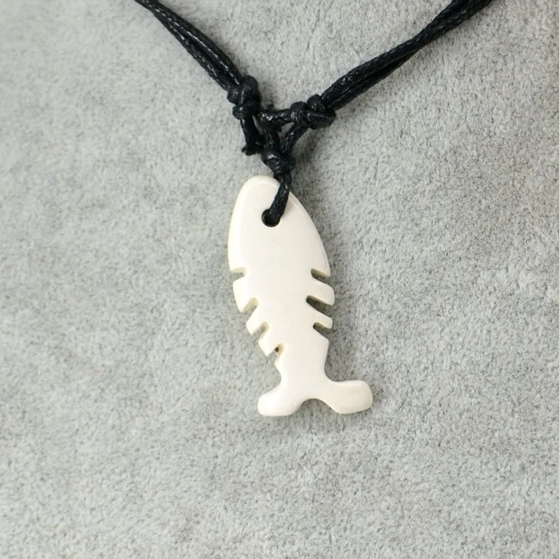 White Fishbone Ocean Brave Strong Resin Carving Pendant Necklace Amulet Lucky Gift Tribal Totem Fashion Jewelry