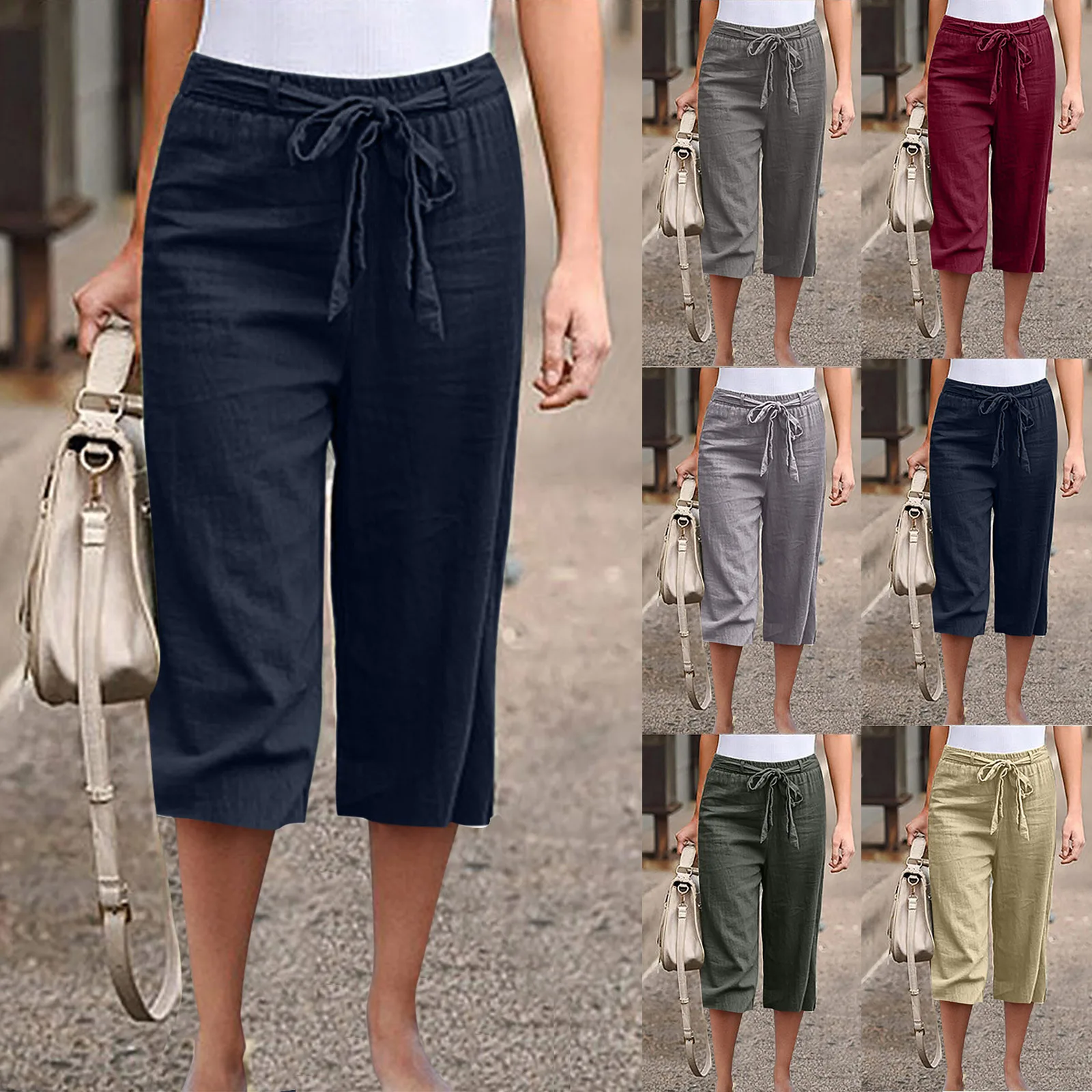 

New Cotton Linen Capris Women Jogging Pants Classic Solid Color Bandage Pants Loose Double Pocket Trousers Leisure Streetwear