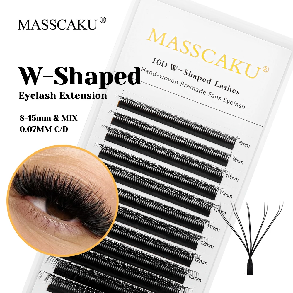 MASSCAKU 8-15mm and Mix Size All Size Ribbon W Shaped Premade Volume Fans Lashes Soft Fast Grafting W Clover Eyelashes Bundles