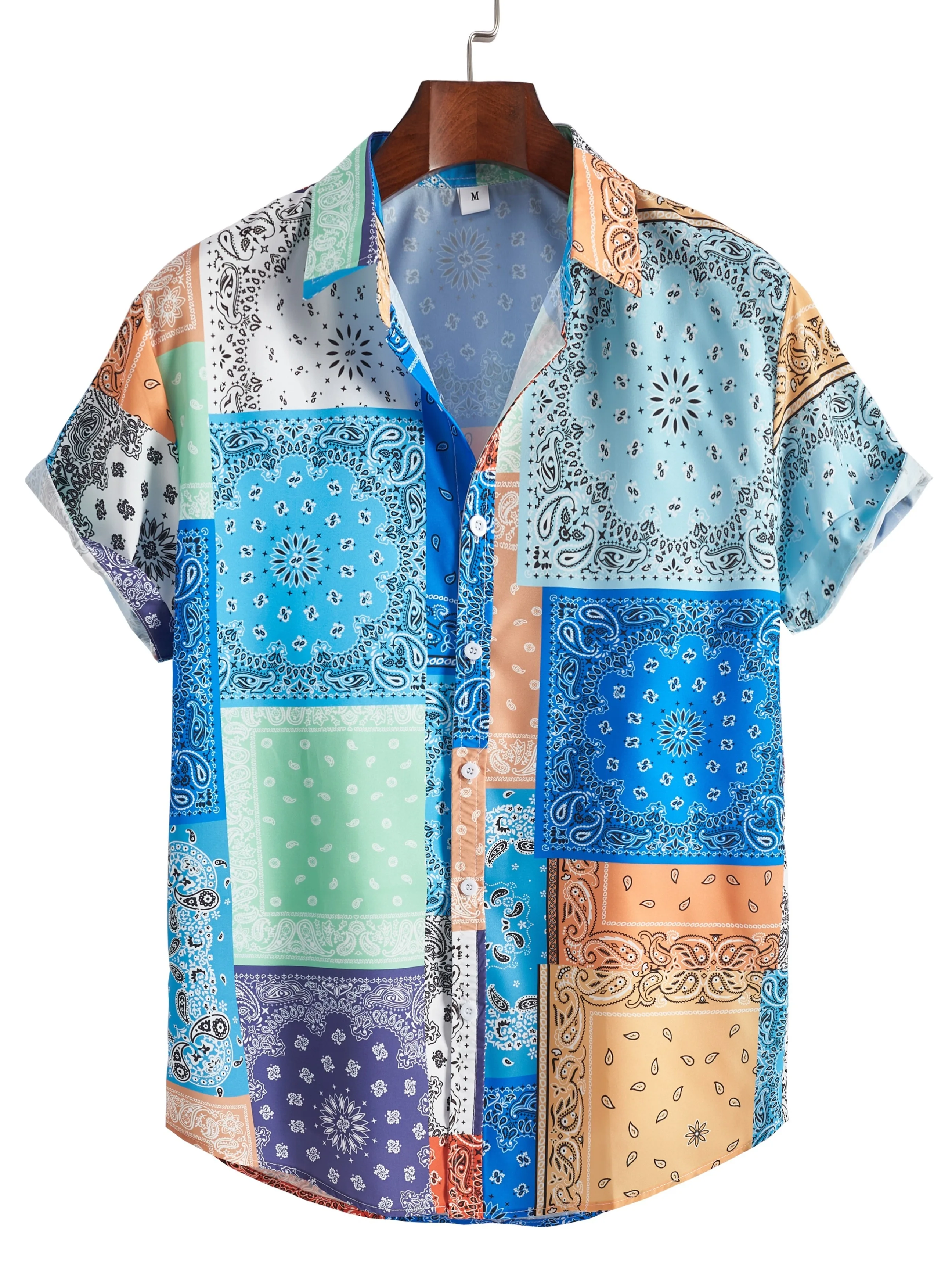 Men's printed casual short-sleeved patchwork shirt, summer resort shirt for men