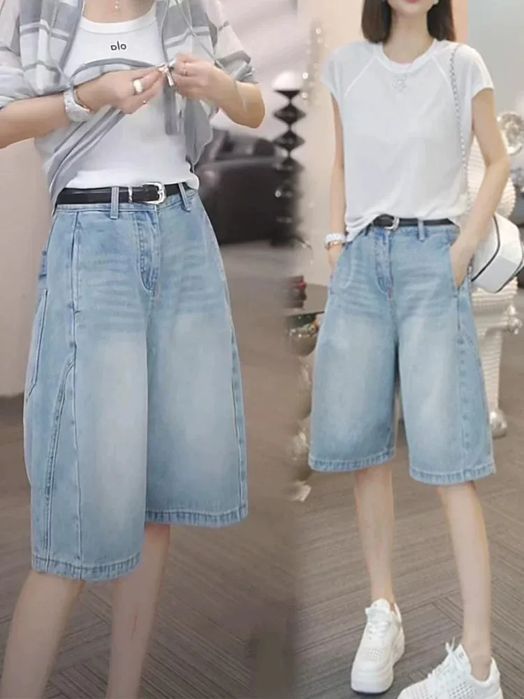 

Summer Thin New High Waist Loose Casual Wide Leg Jeans Shorts Women's Fashion Flower Bud Five-Point Pants Casual High Waist L...