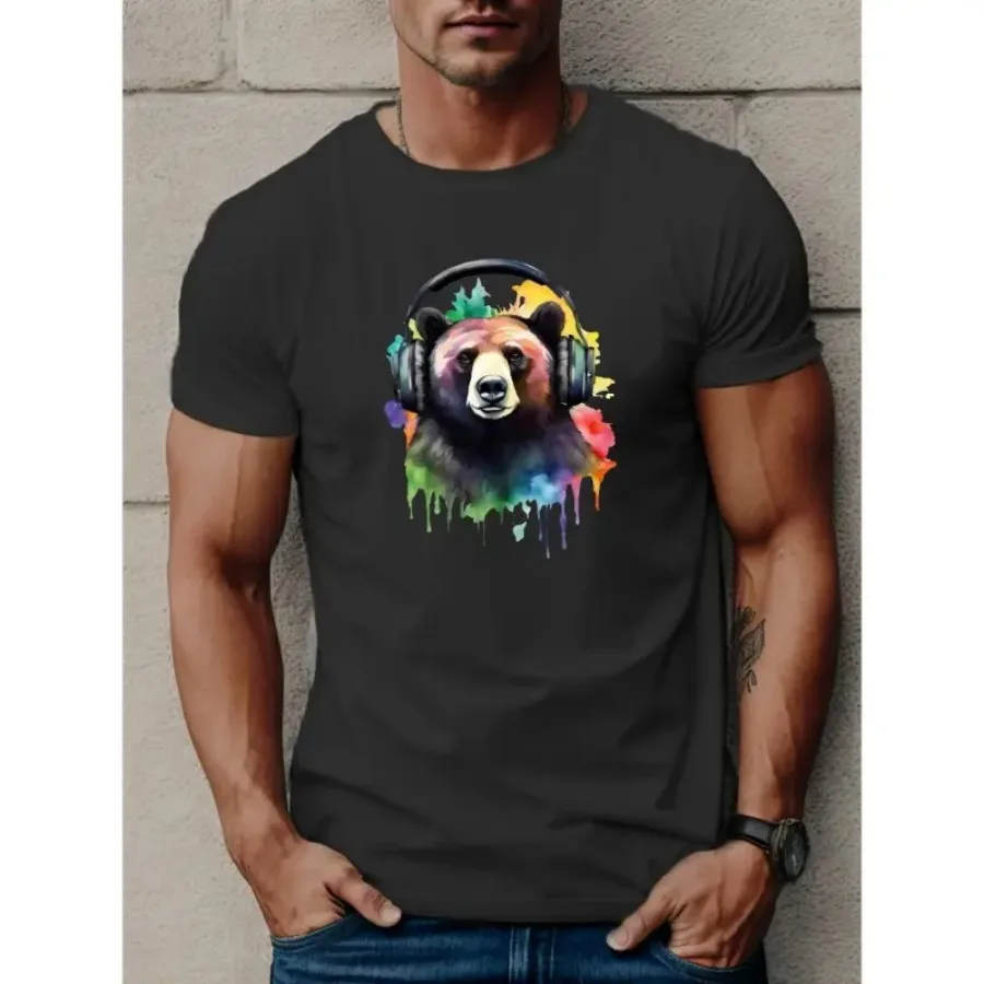【New style】Men's Casual Bear with Headphones Graphic Tee - Soft Polyester Round Neck Short Sleeve T-Shirt for Summer and All Se