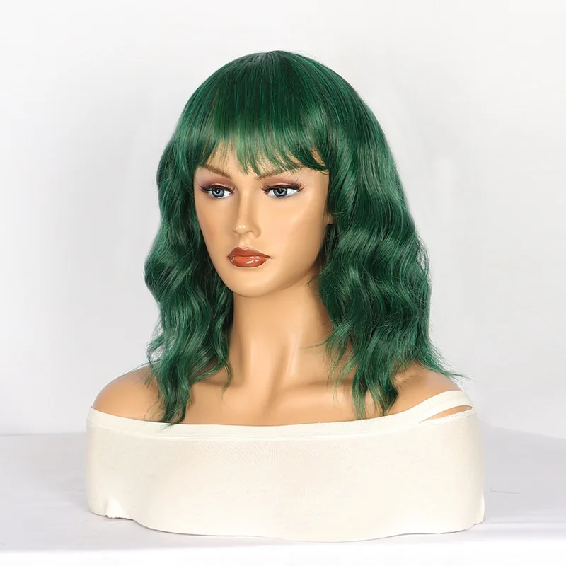 Peluca de cabello rizado verde corto para mujer europea y americana con flequillo de ondulación, diademas de fibra sintética