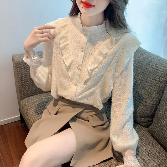 Women Fashion Solid Shirts Long Sleeve V Neck Ruffle Tops and Blouse Ruffles Casual Loose Sexy Club Shirt Female Streetwear T279