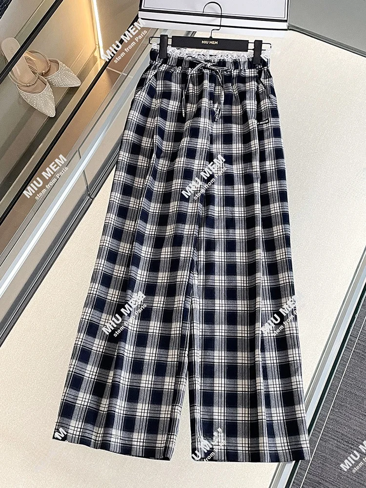 Hohe Taille, weites Bein, Damenhose mit Spitze, Krawatte, College-Stil, kariert, Sommer 2022, Freizeithose, Pendeln, einfache Elemente