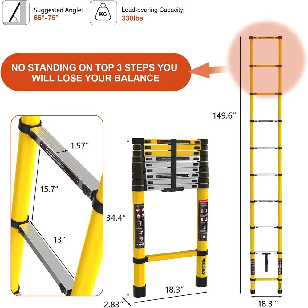 12.5t Extension Ladder, Lightweight 330lbs Capacity, Multi-Position for RV and Outdoor Work