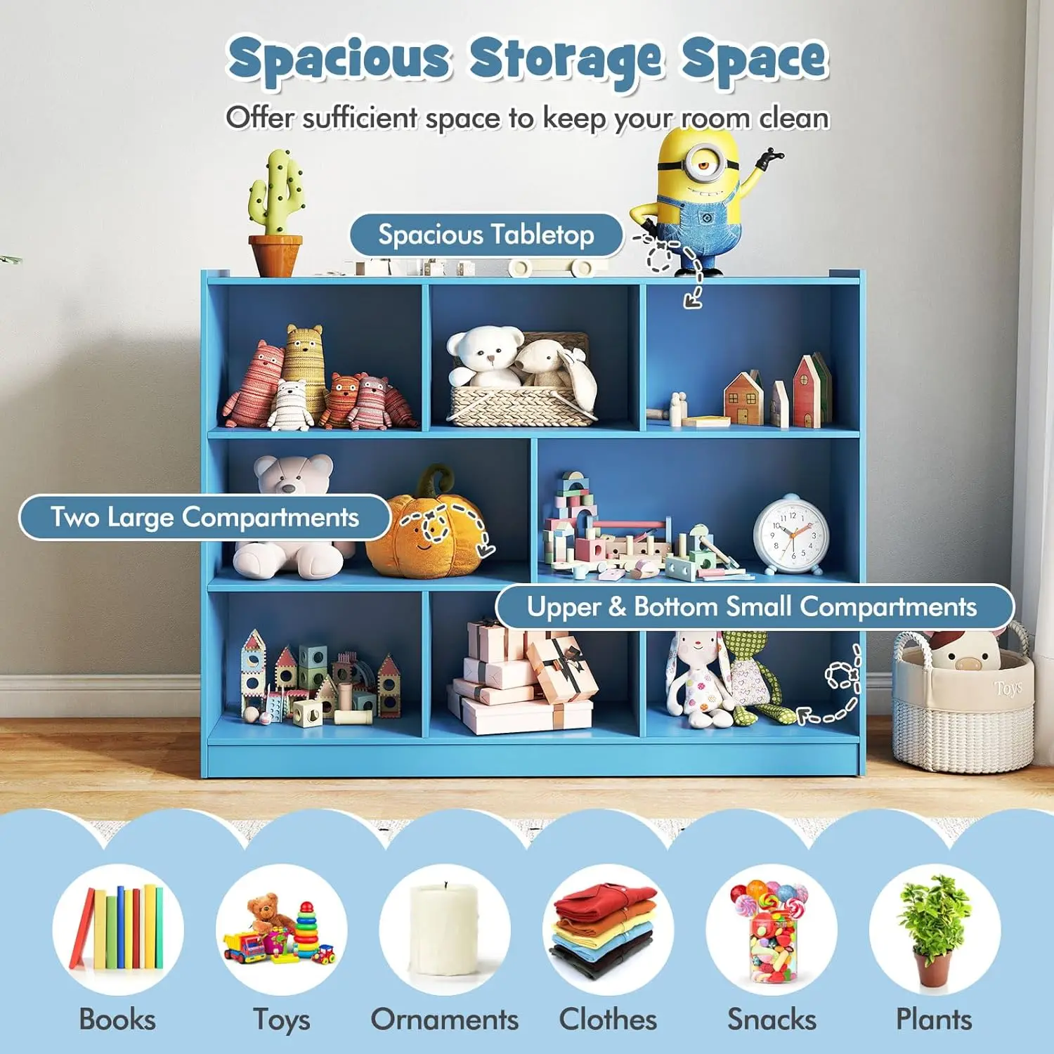 رف كتب خشبي للأطفال مكون من 3 طبقات، منظم تخزين ألعاب 5 مكعبات للحضانة والفصول الدراسية وغرفة المعيشة (أزرق)