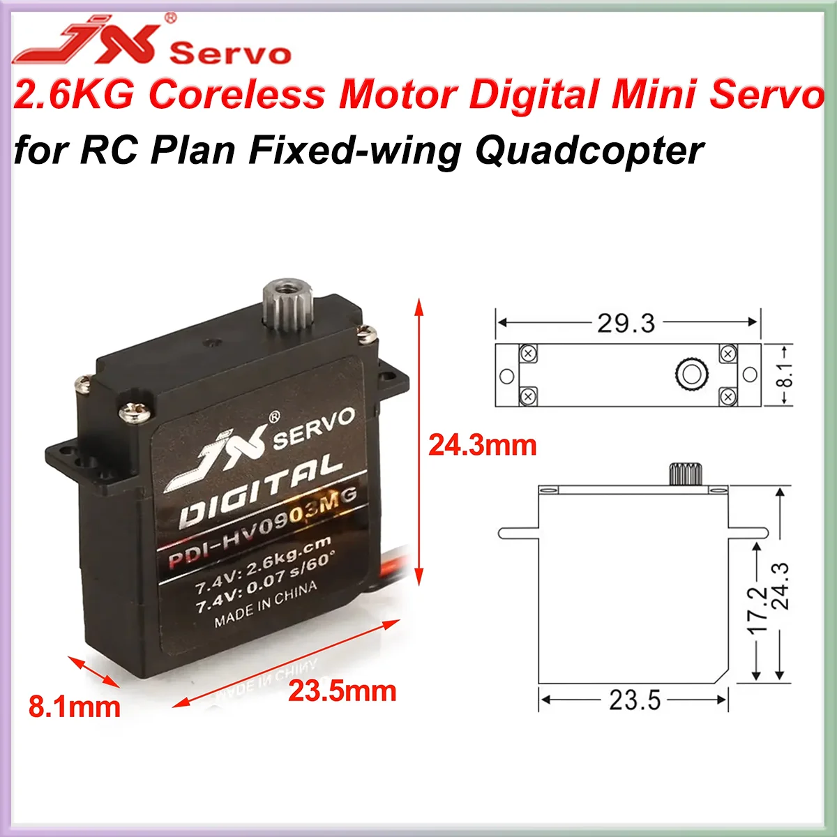 

JX 2,6 кг цифровой сервопривод с металлической шестерней PDI-HV0903MG Mini Coreles DC6 ~ 7,4 В микромотор для радиоуправляемого автомобиля с фиксированным крылом, гоночный дрон, часть