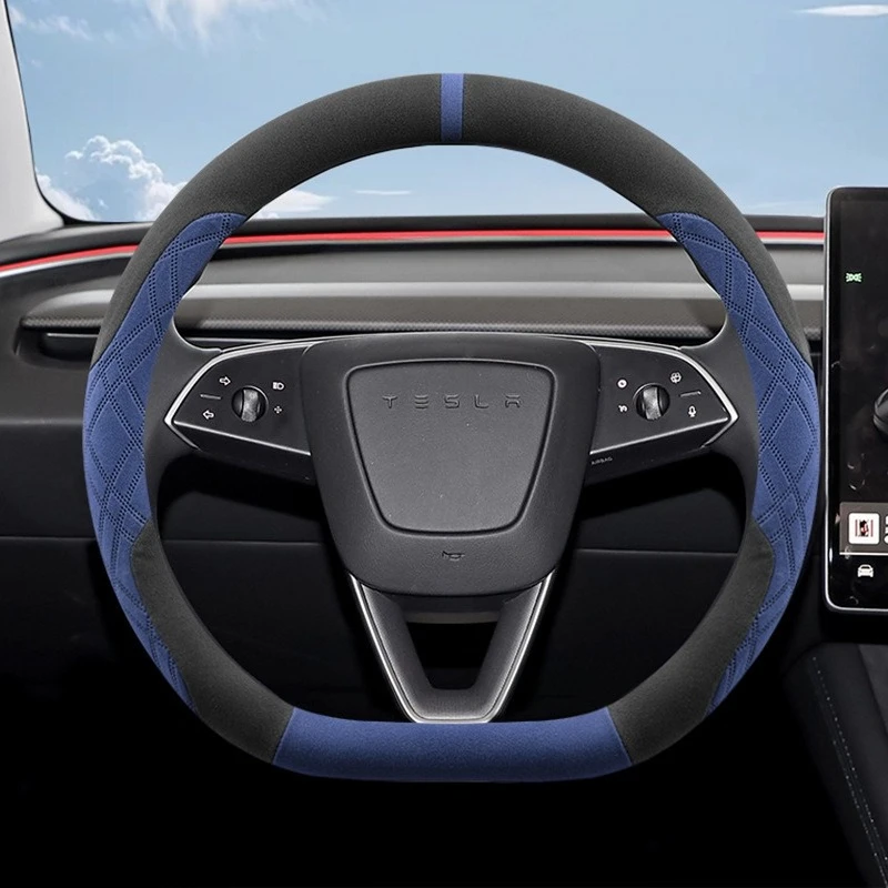 37-38cm Wildleder Rutschfester Schweißabsorbierender Lenkradbezug für Tesla Model Y, Model 3, Pre-Highland, Model S, X, Nicht-Karo