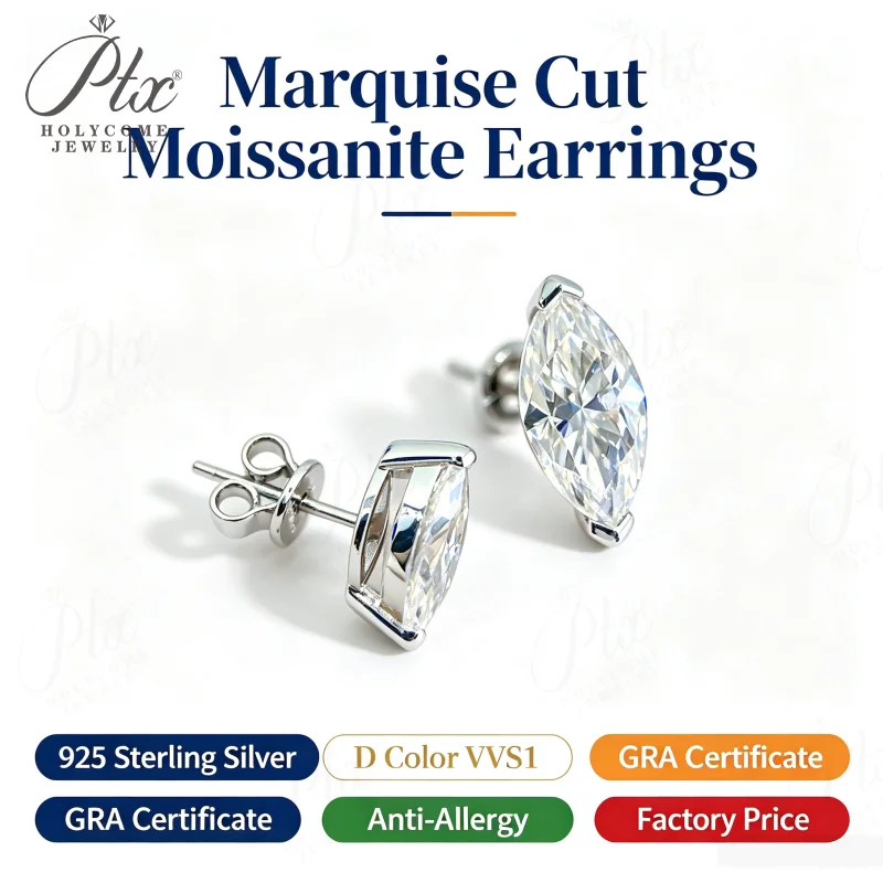 Moissanite Earrings Marquise Cut White Color VVS1 with GRA Certificate Direct Factory Sale Versatile & Ideal as Luxury Gifts