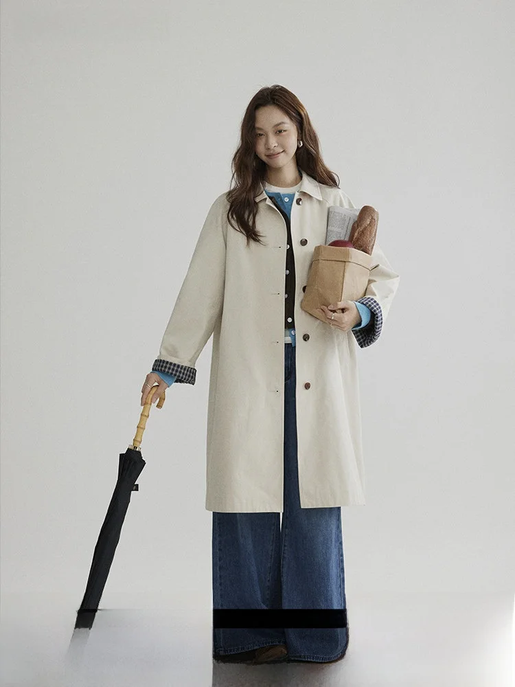 

Joli Choose Women's Vintage Oversized Casual Color Blo Long Coat Simple Autumn New Sle Cotton Mid-Length Outerwear
