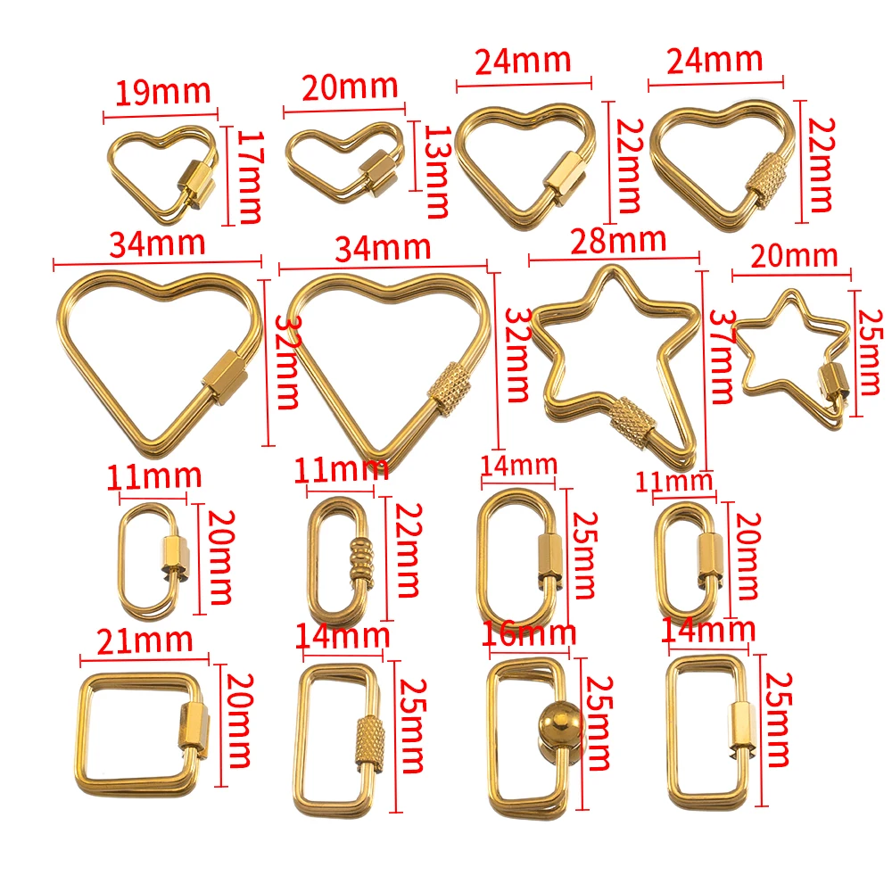 5pcs Stainless Steel Heart Star Square Screw Locking Clasps Big Carabiner Hooks Connectors DIY Necklace Bracelet Making Supplies