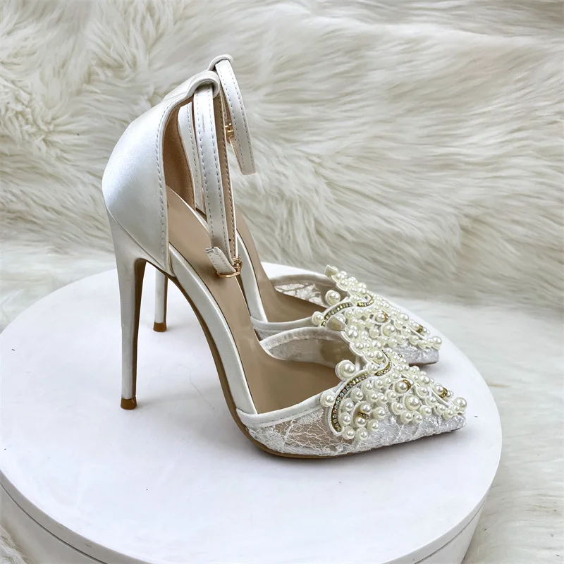 

New 12CM pointed head bag head rhinestone lace one-word buckle sandals women's fashion high heels