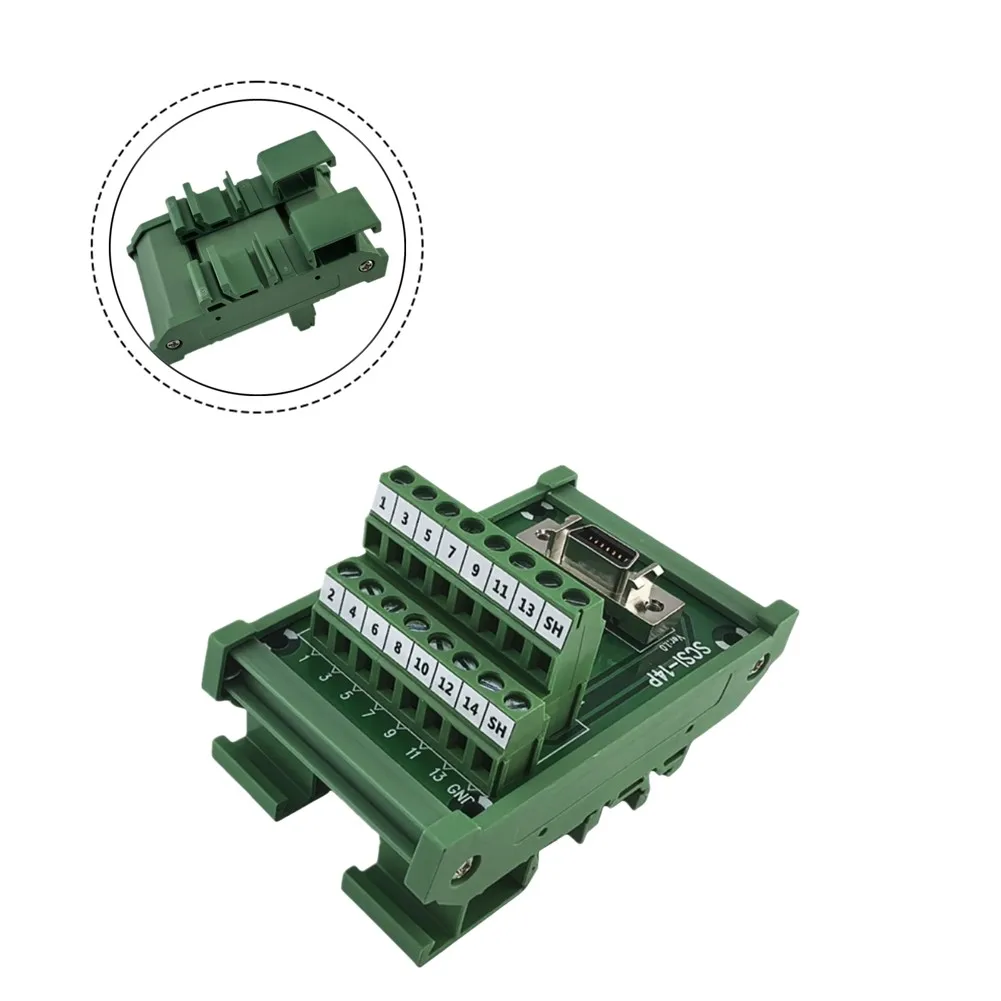 Green Terminal Block SCSI 14P CN F with CN Slot Interface For for PLC Systems DIN Rail Mountable Industrial 53x87x52mm