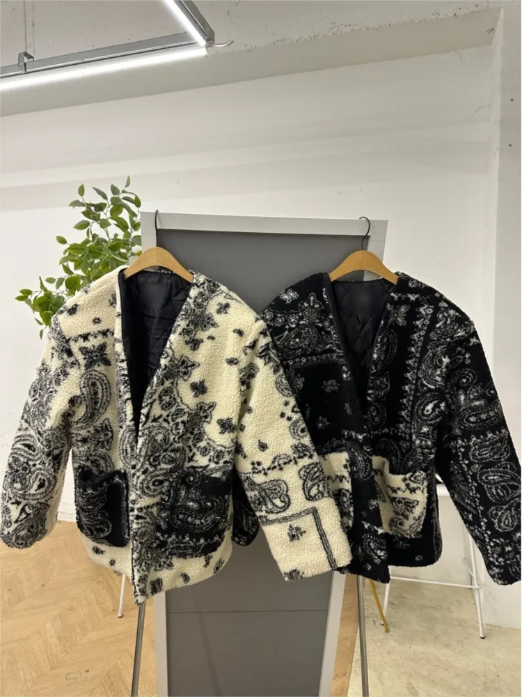 Thick Lamb Wool Jacket Women Autumn Winter 2024 New Fashion Korean Printing Cardigan Casual Warm Coat Zipper Long Sleeve Jackets