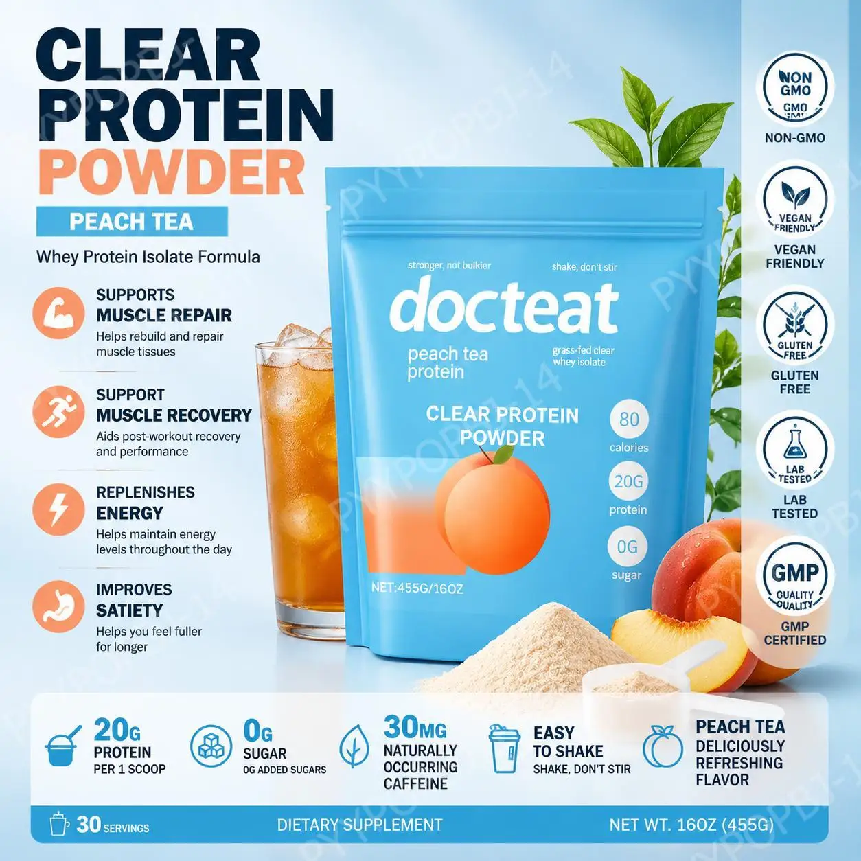Docteat Clear Protein Powder Peach Tea Whey Protein Isolate for Muscle Recovery Support 20g Protein Per Scoop 30mg Caffeine 455g