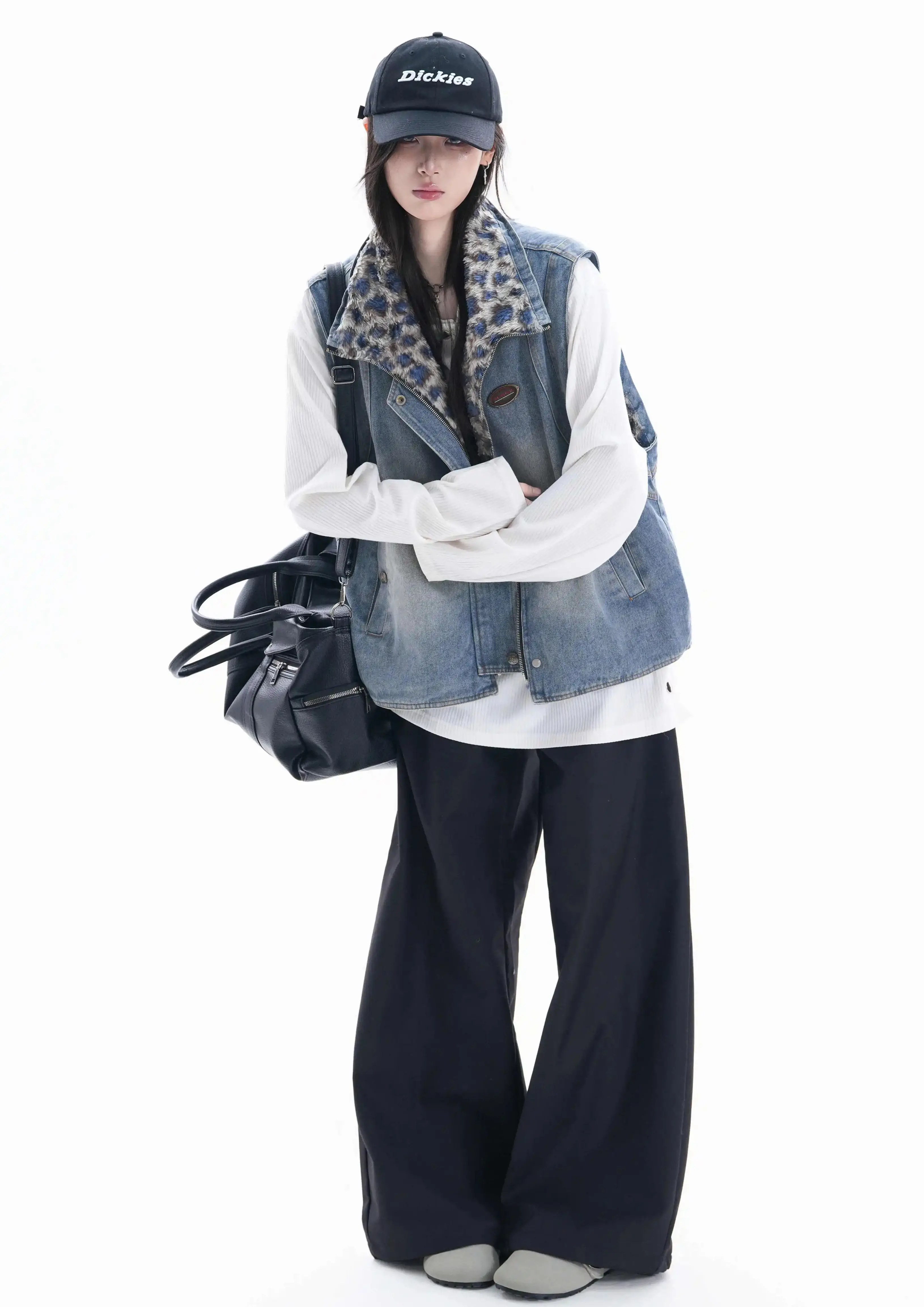 American Vintage Washed Denim Leopard Print Double-sided Layered Vest 2026 Women Spring Fall Warm Vest Jacket