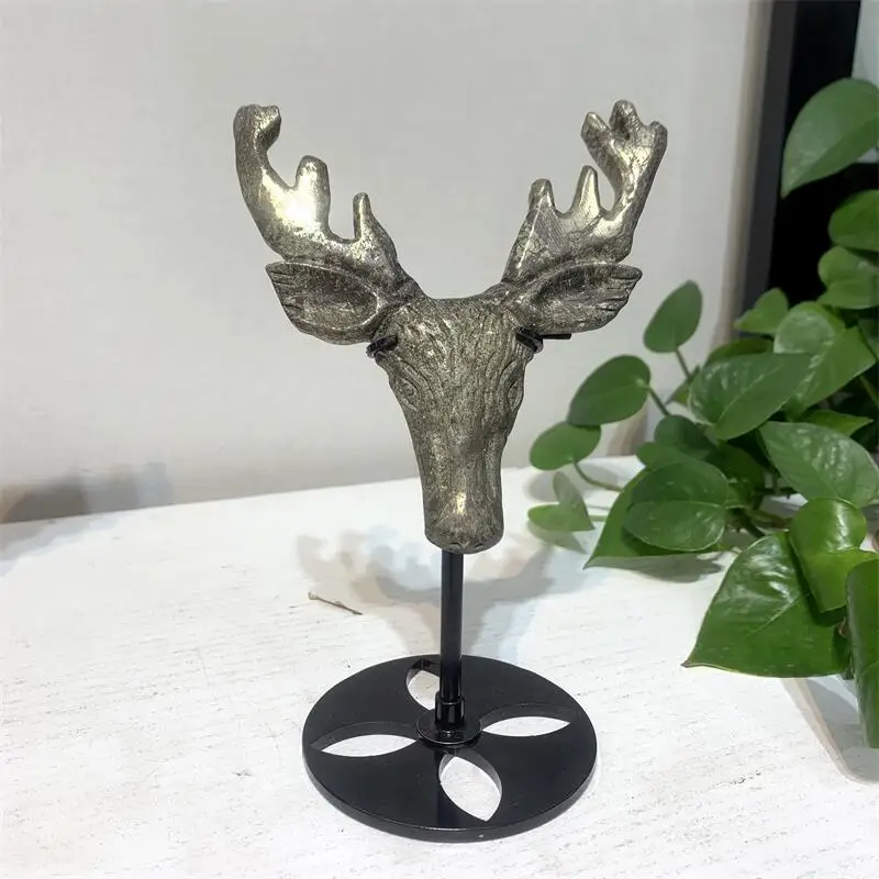 Natural pyrite Deer head Carving Reiki Crystals And Stones Healing Home Decoration Accessories Gift 1PCS