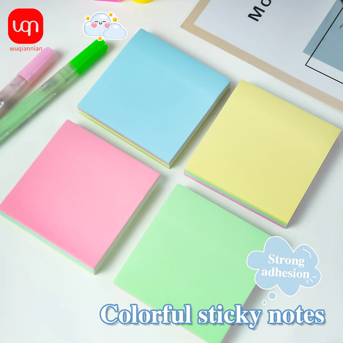 

WQN-100 Sticky Notes Adhesive Labels Fluorescent Four-Color Memo Notes Notepad 76*76mm 3/6/12pcs